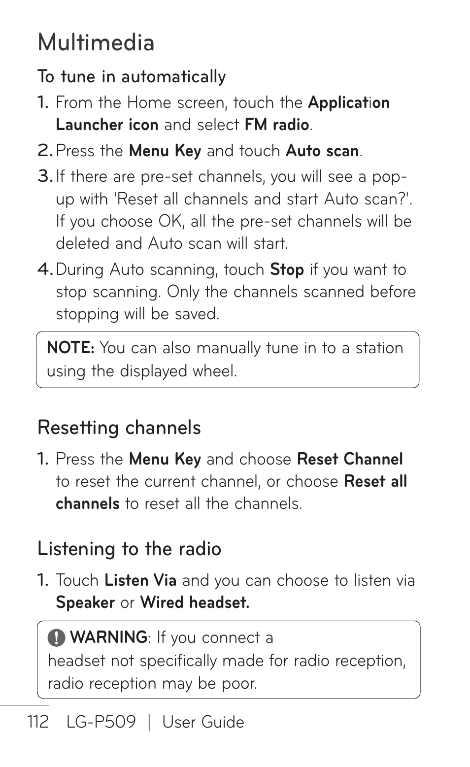 Resetting channels, Listening to the radio, Multimedia | LG -P509 User Manual | Page 112 / 192