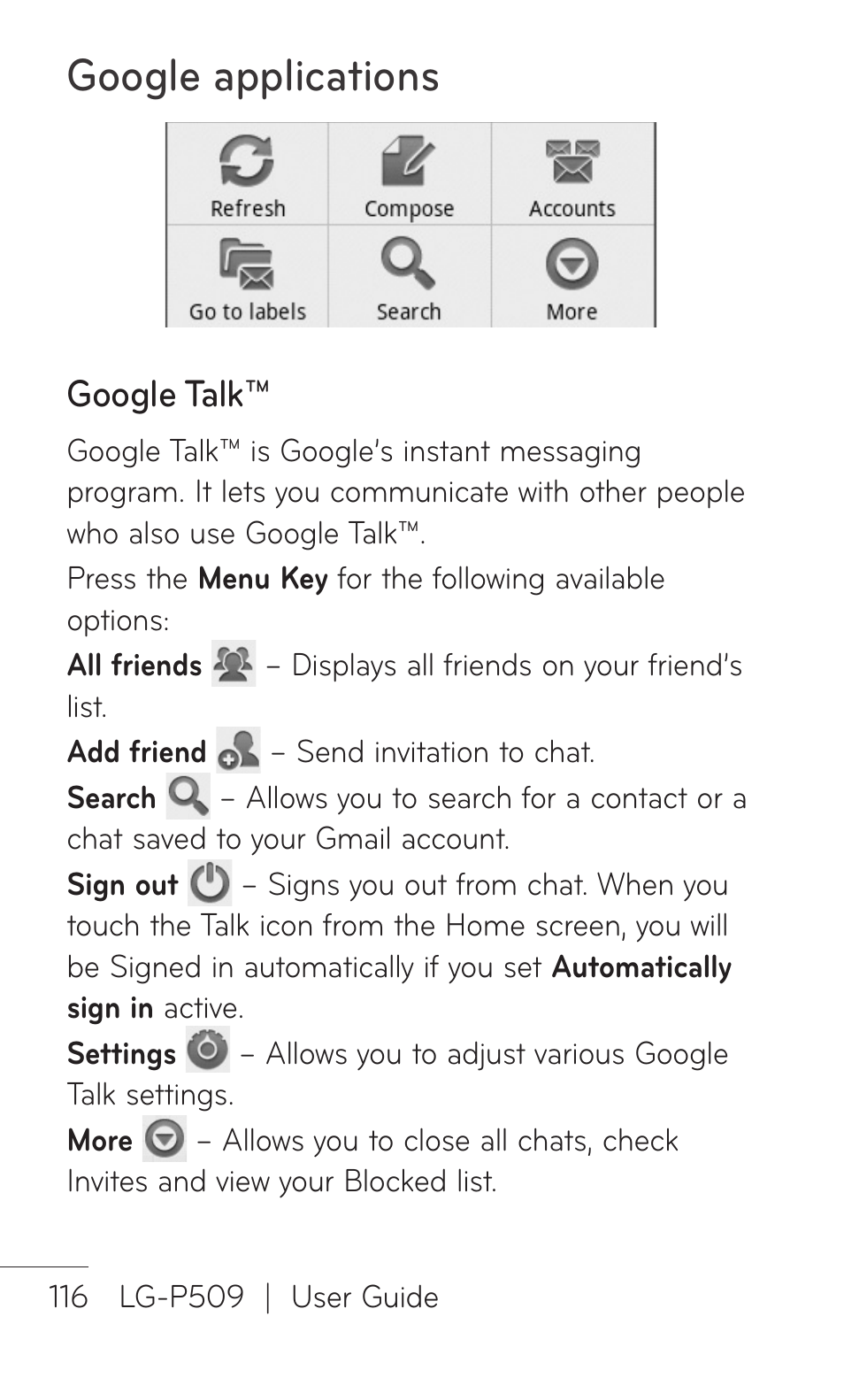 Google talk, Google applications | LG -P509 User Manual | Page 116 / 192