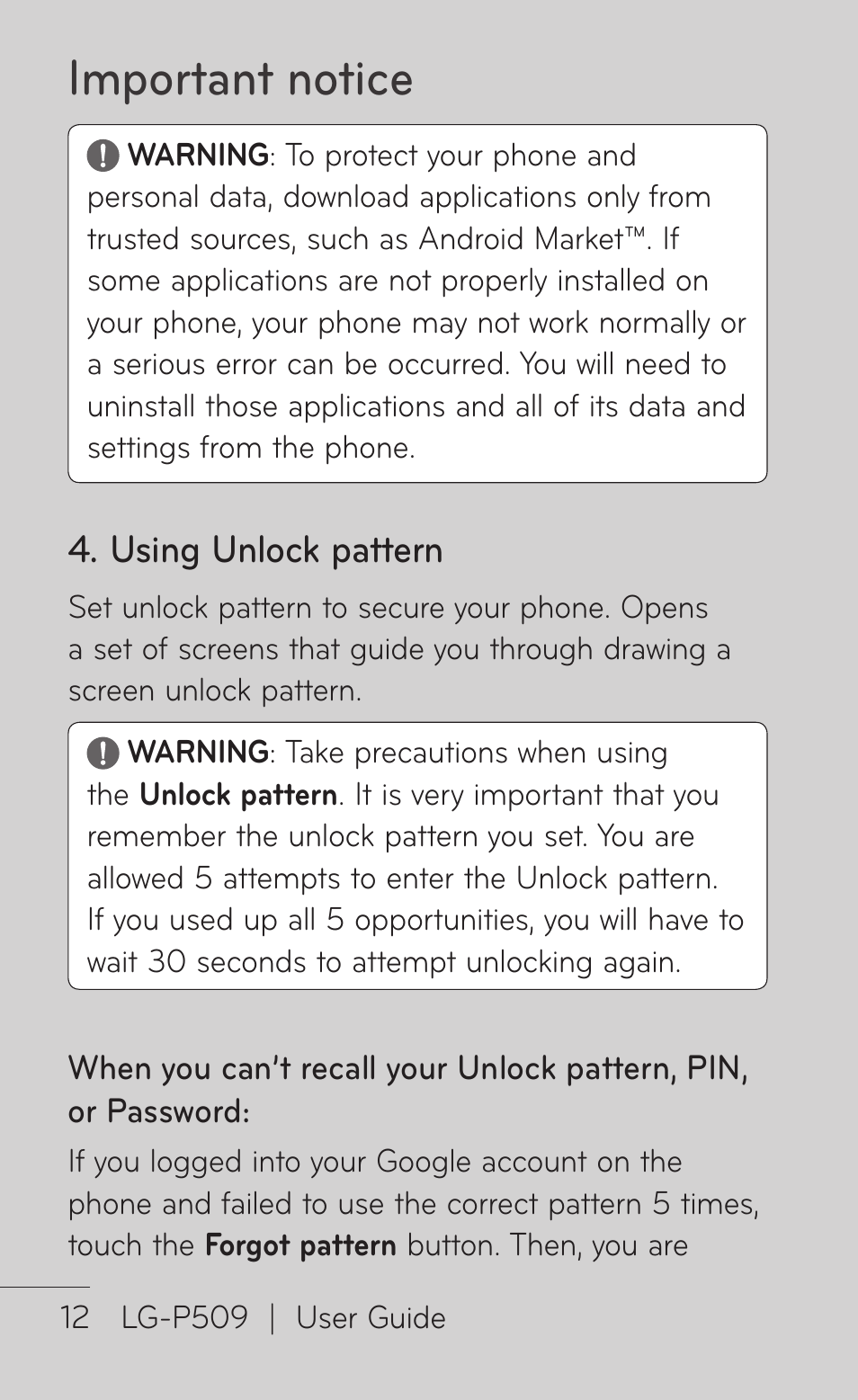 Important notice | LG -P509 User Manual | Page 12 / 192