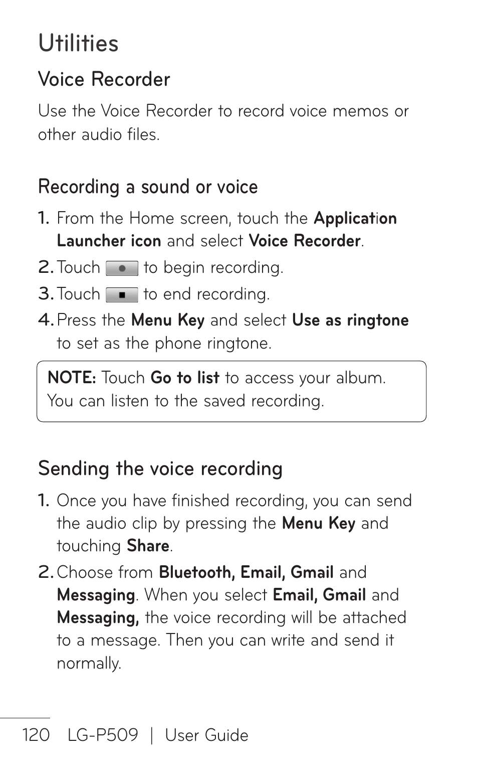 Voice recorder, Recording a sound or voice, Sending the voice recording | Utilities | LG -P509 User Manual | Page 120 / 192
