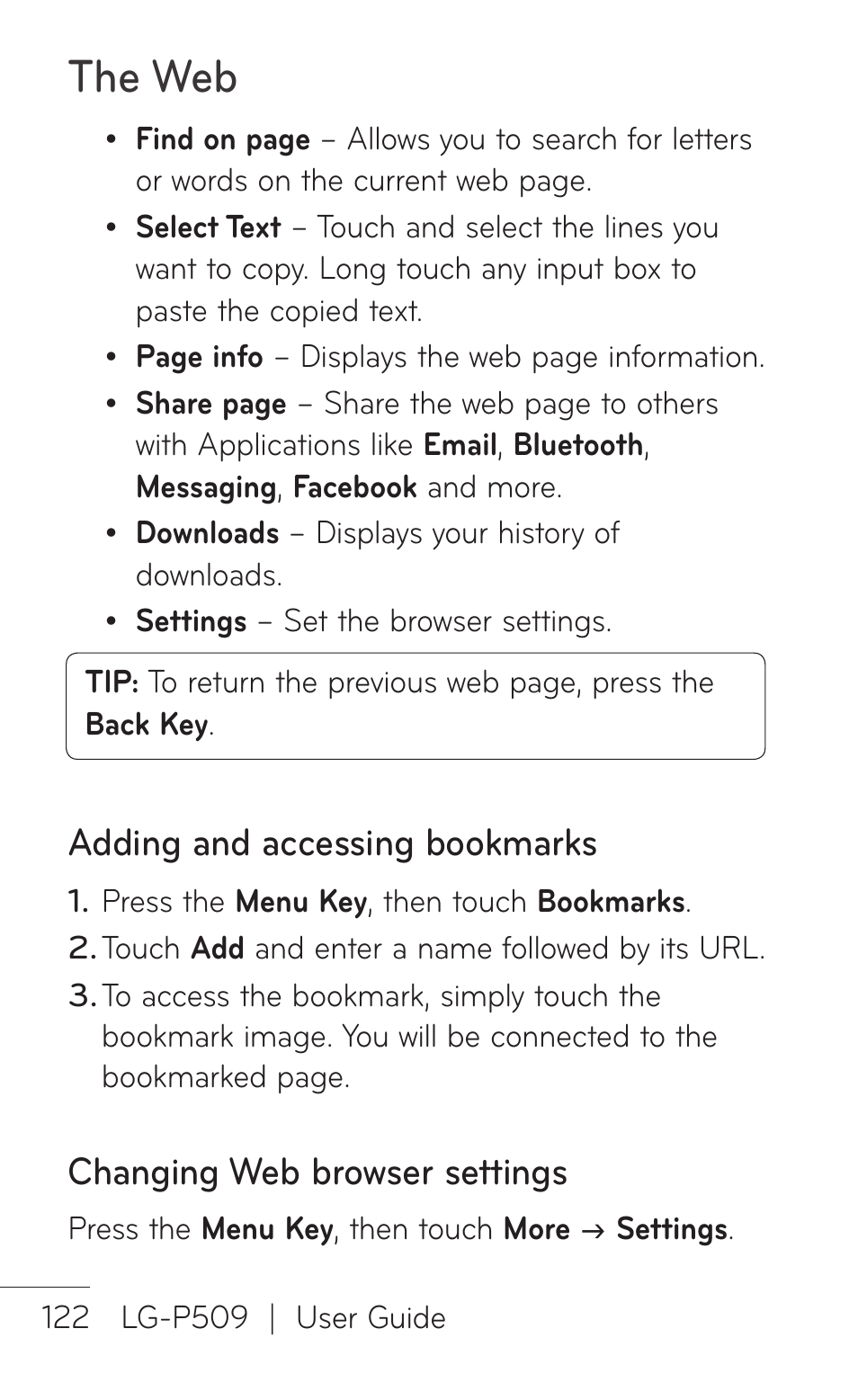 Adding and accessing bookmarks, Changing web browser settings, The web | LG -P509 User Manual | Page 122 / 192