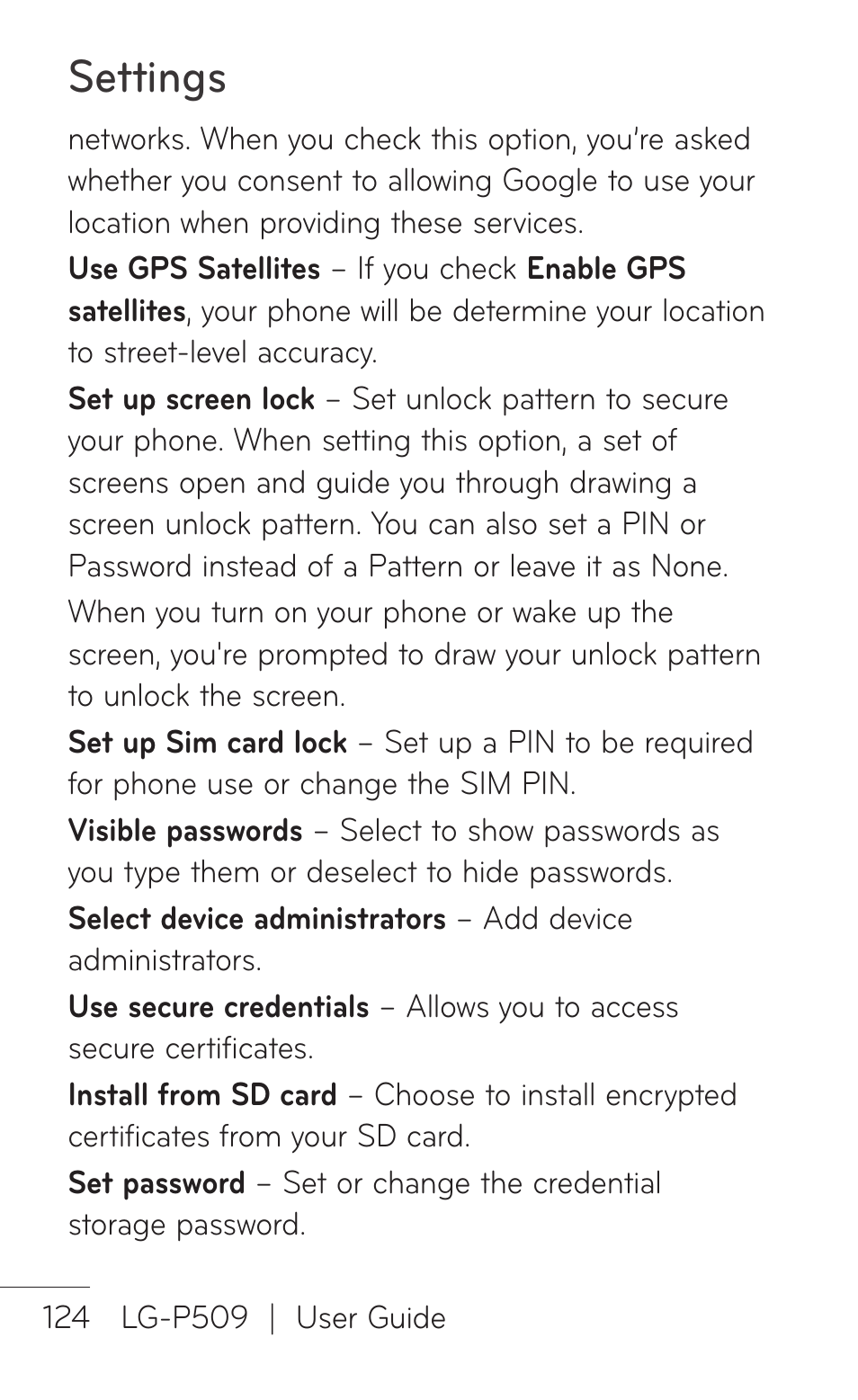 Settings | LG -P509 User Manual | Page 124 / 192