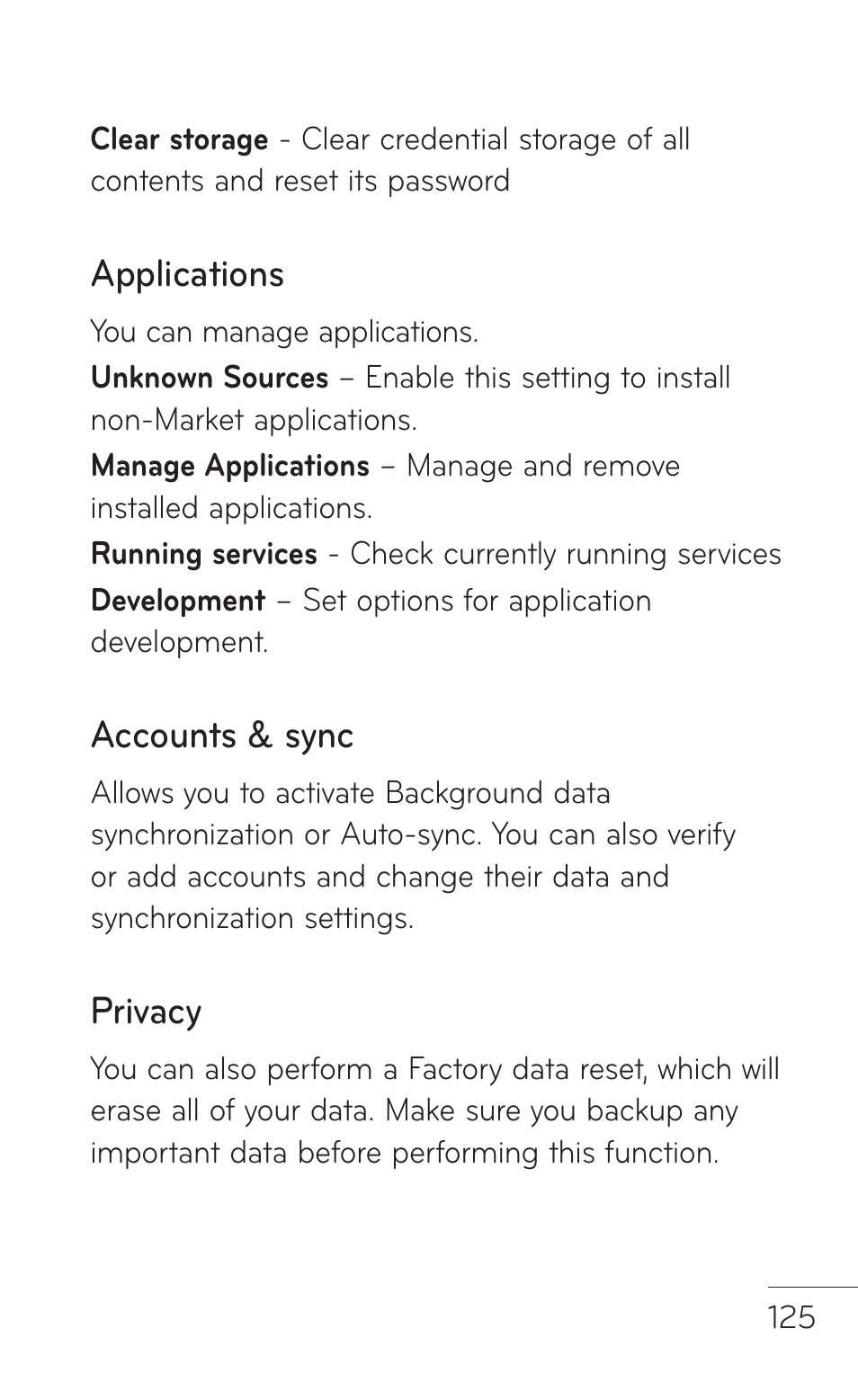 Applications, Accounts & sync, Privacy | LG -P509 User Manual | Page 125 / 192