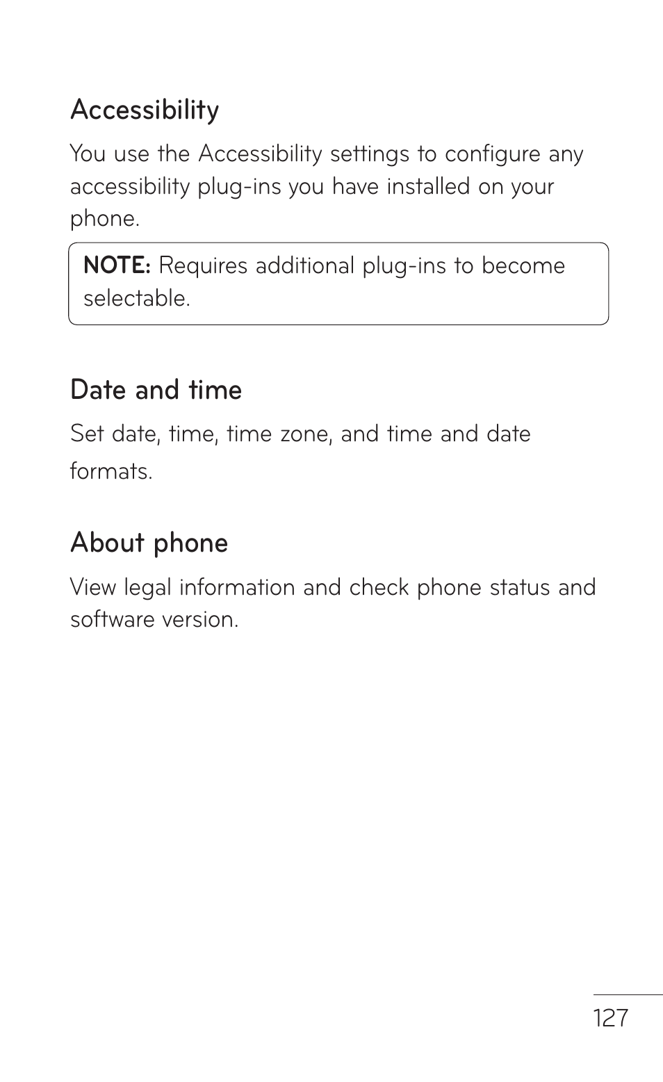 Accessibility, Date and time, About phone | LG -P509 User Manual | Page 127 / 192