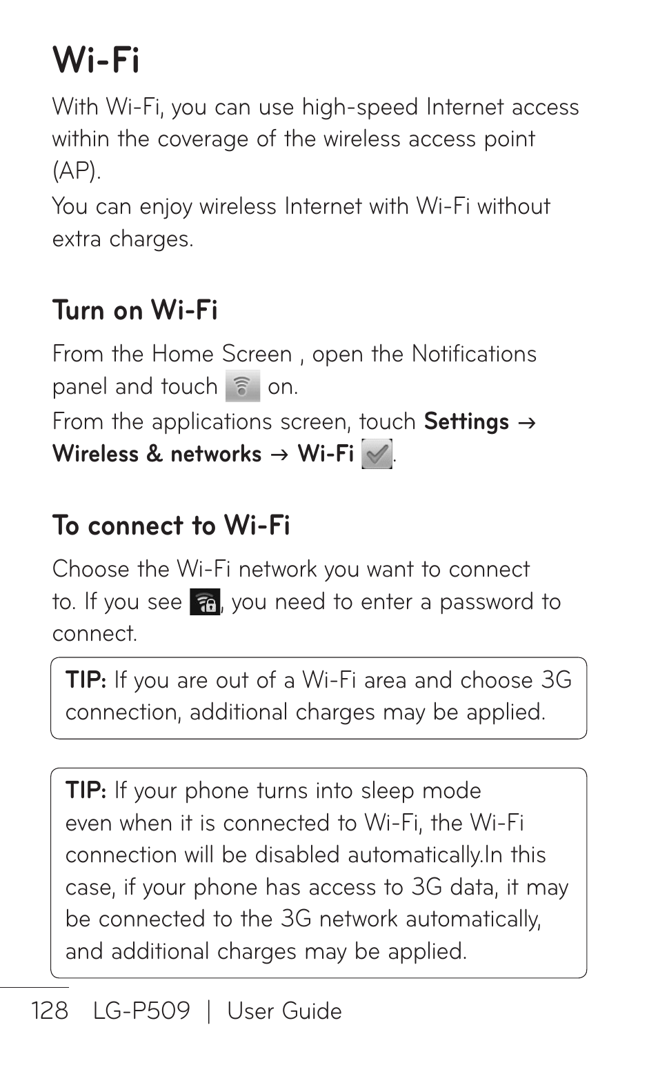 Wi-fi, Turn on wi-fi, To connect to wi-fi | LG -P509 User Manual | Page 128 / 192