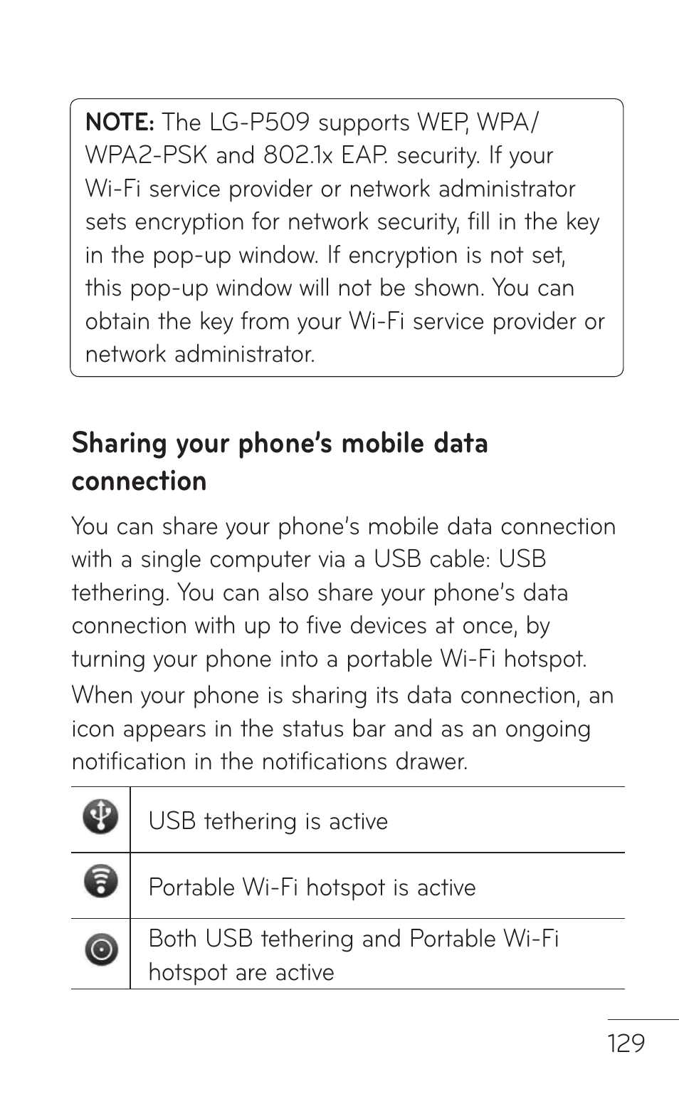 Sharing your phone’s mobile data connection | LG -P509 User Manual | Page 129 / 192