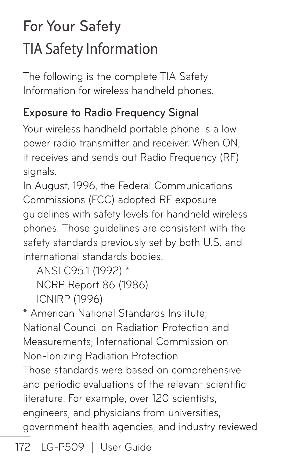 For your safety tia safety information | LG -P509 User Manual | Page 172 / 192