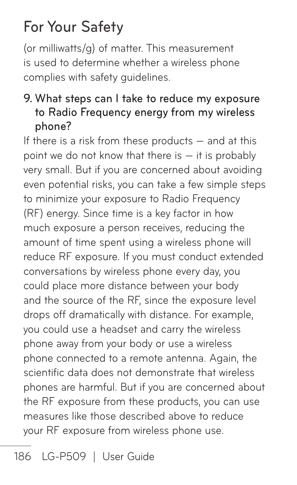 For your safety | LG -P509 User Manual | Page 186 / 192