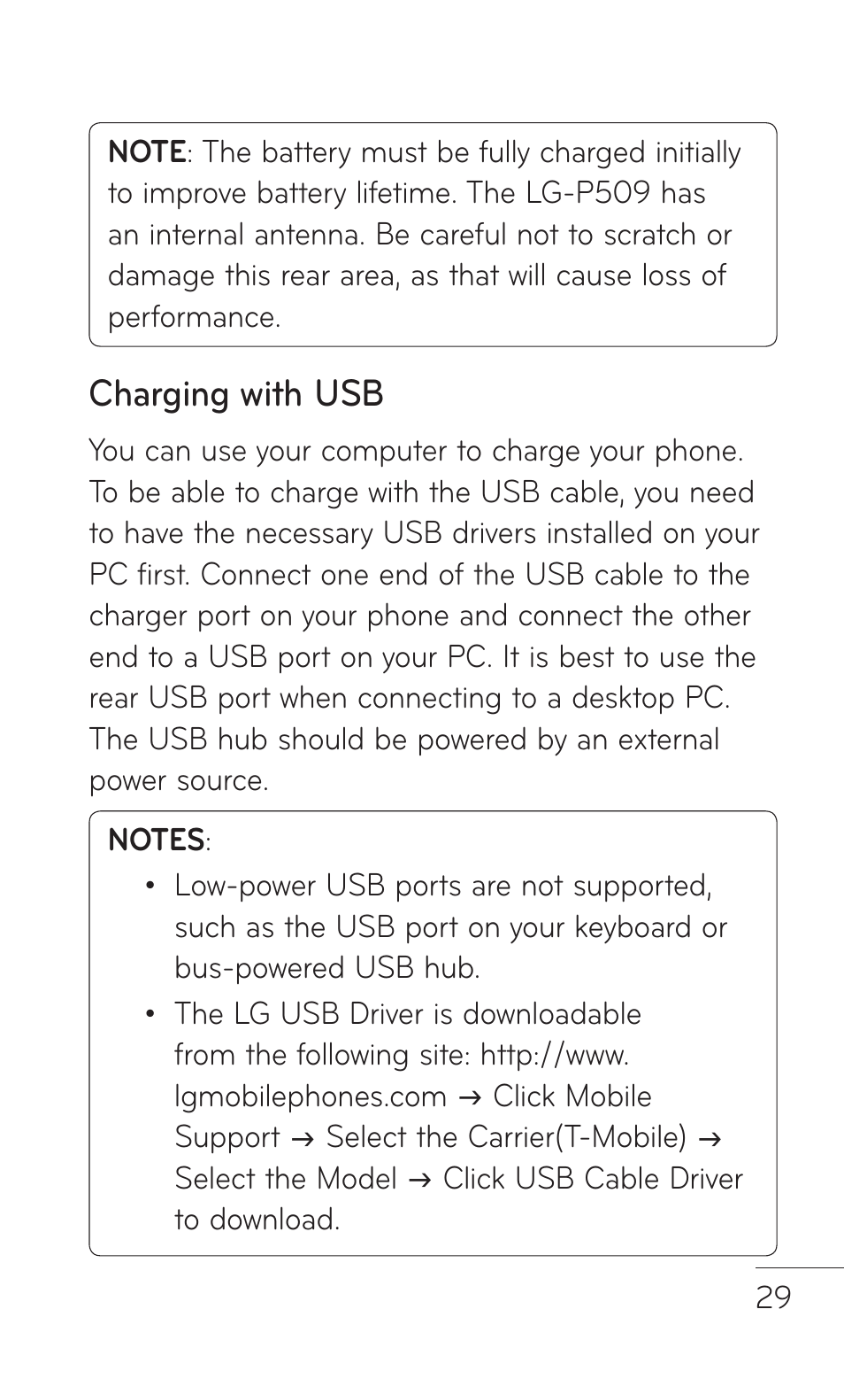 Charging with usb | LG -P509 User Manual | Page 29 / 192
