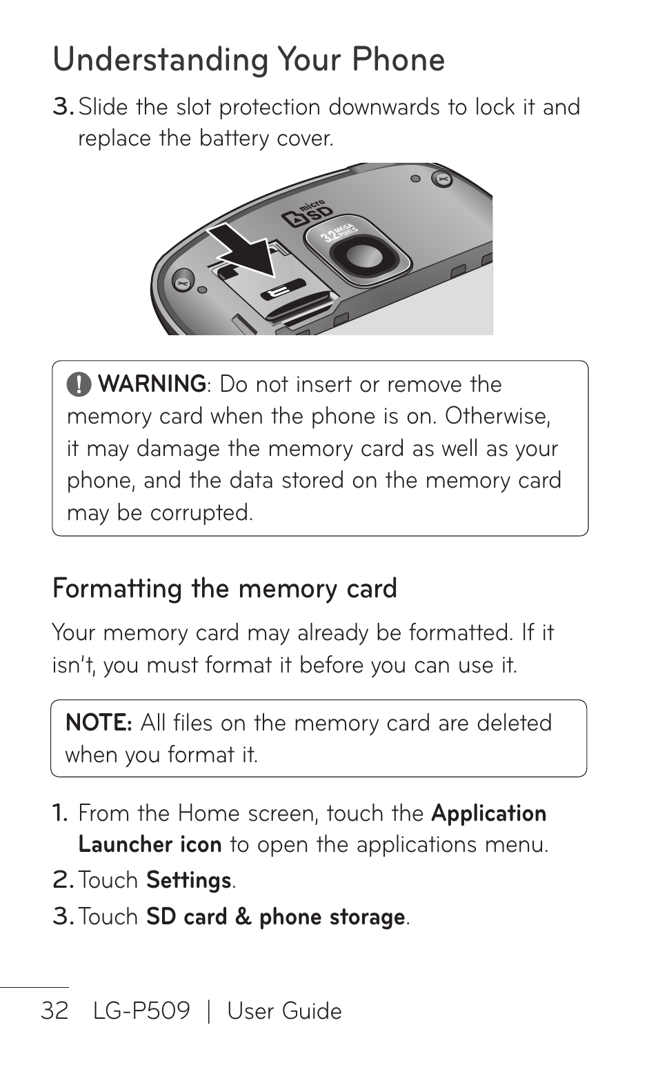 Formatting the memory card, Understanding your phone | LG -P509 User Manual | Page 32 / 192