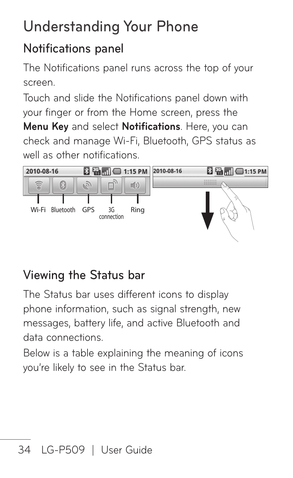 Notifications panel, Viewing the status bar, Understanding your phone | LG -P509 User Manual | Page 34 / 192