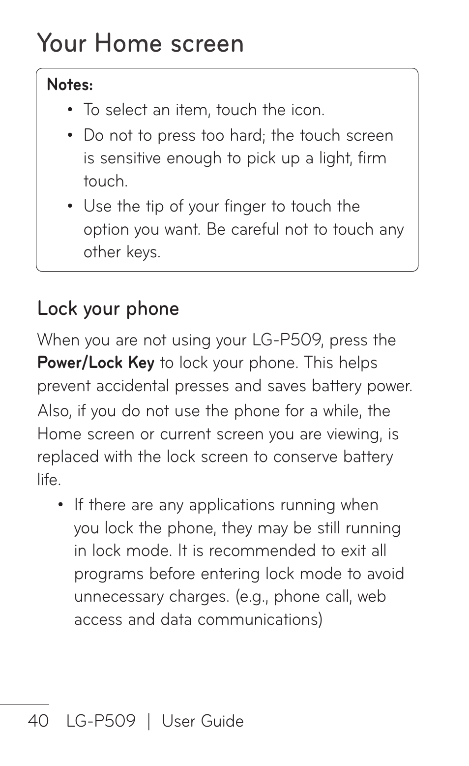 Lock your phone, Your home screen | LG -P509 User Manual | Page 40 / 192