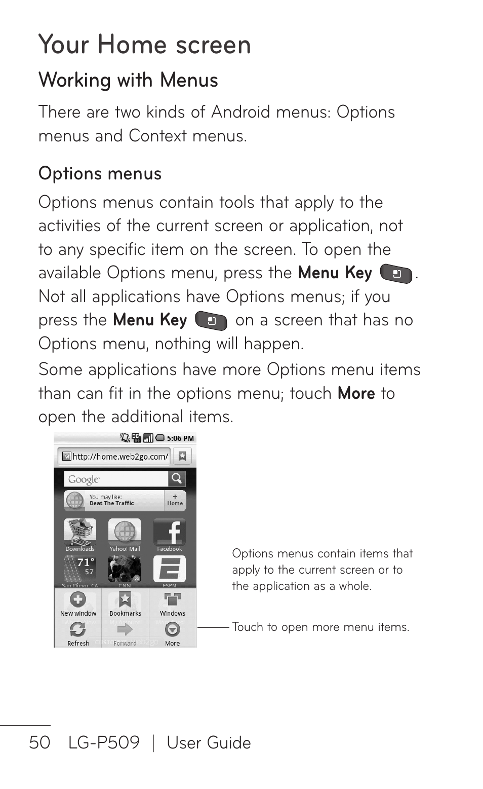 Working with menus, Your home screen | LG -P509 User Manual | Page 50 / 192