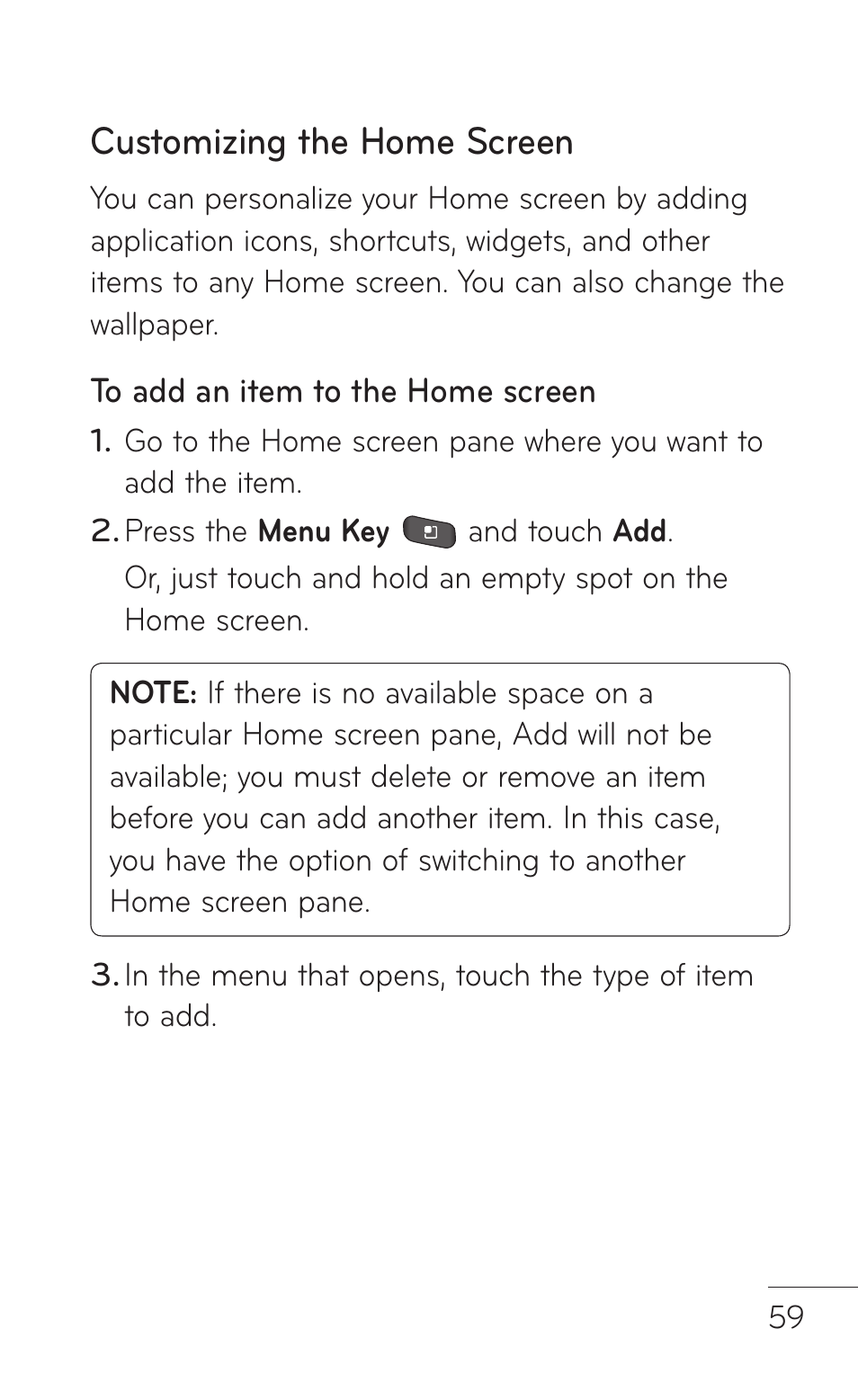 Customizing the home screen | LG -P509 User Manual | Page 59 / 192