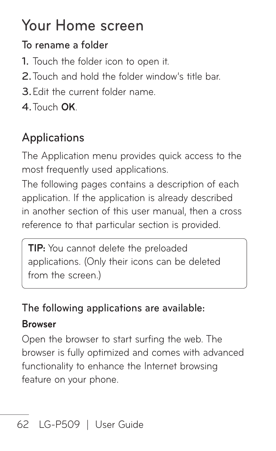 Applications, Your home screen | LG -P509 User Manual | Page 62 / 192