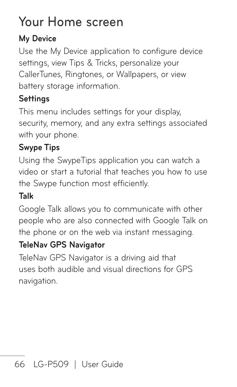 Your home screen | LG -P509 User Manual | Page 66 / 192