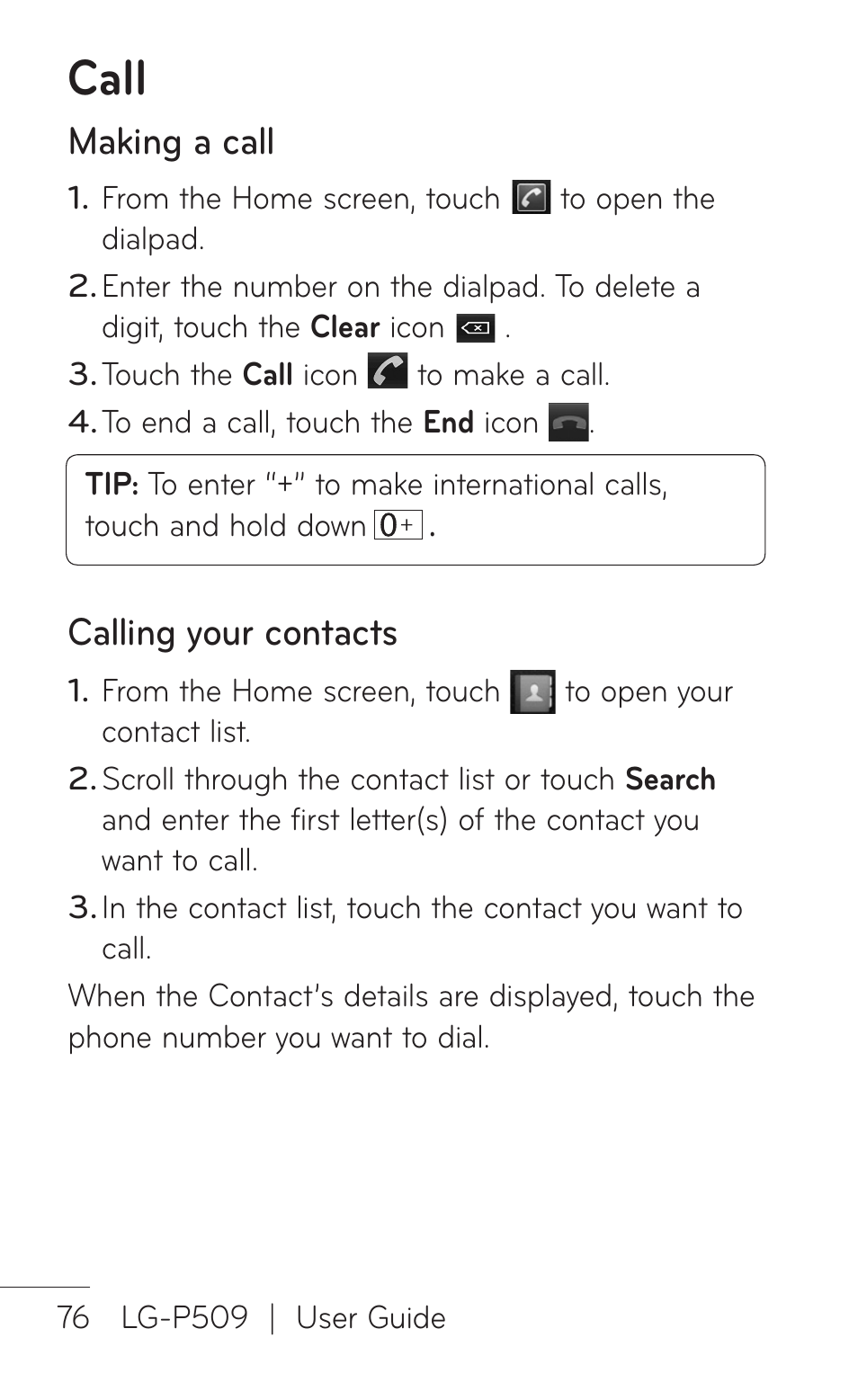 Call, Making a call, Calling your contacts | LG -P509 User Manual | Page 76 / 192