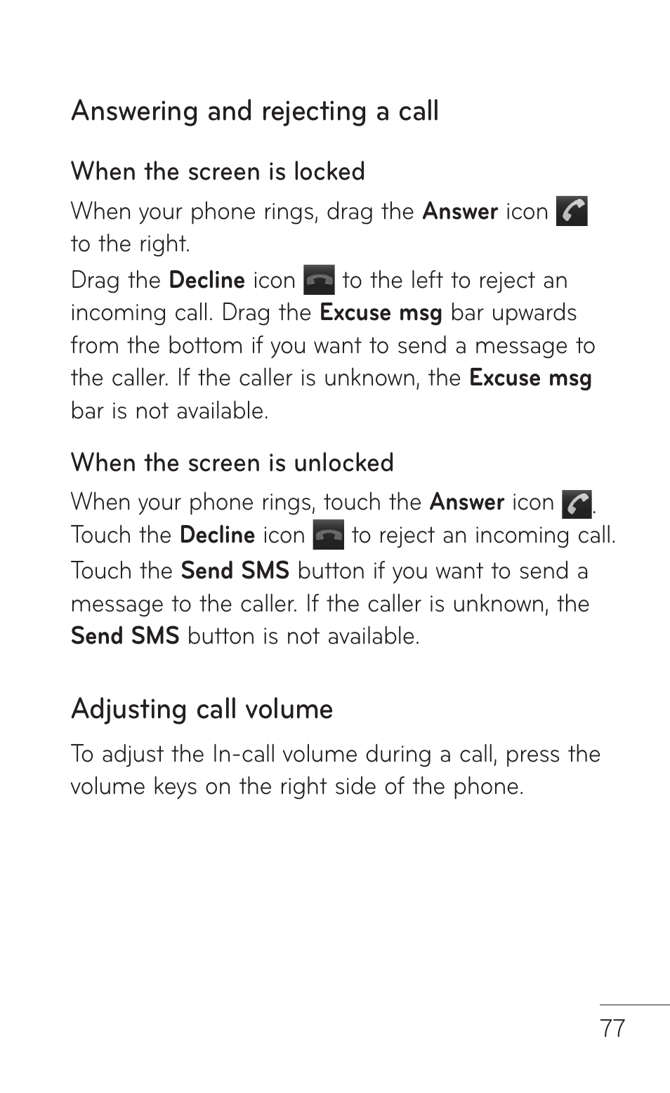 Answering and rejecting a call, Adjusting call volume | LG -P509 User Manual | Page 77 / 192