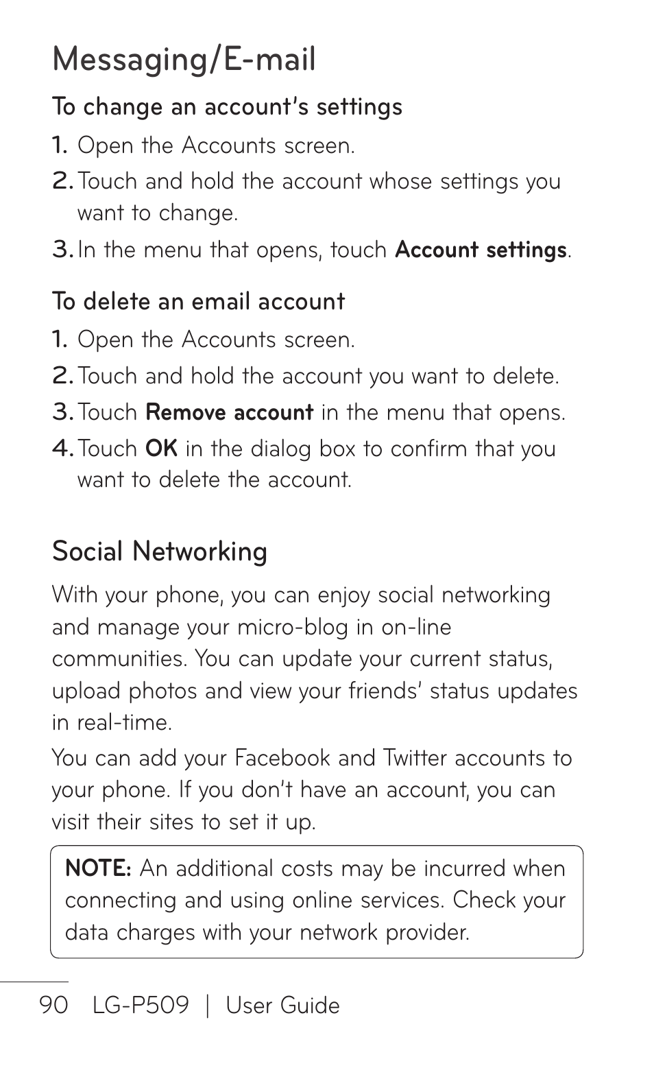 Social networking, Messaging/e-mail | LG -P509 User Manual | Page 90 / 192