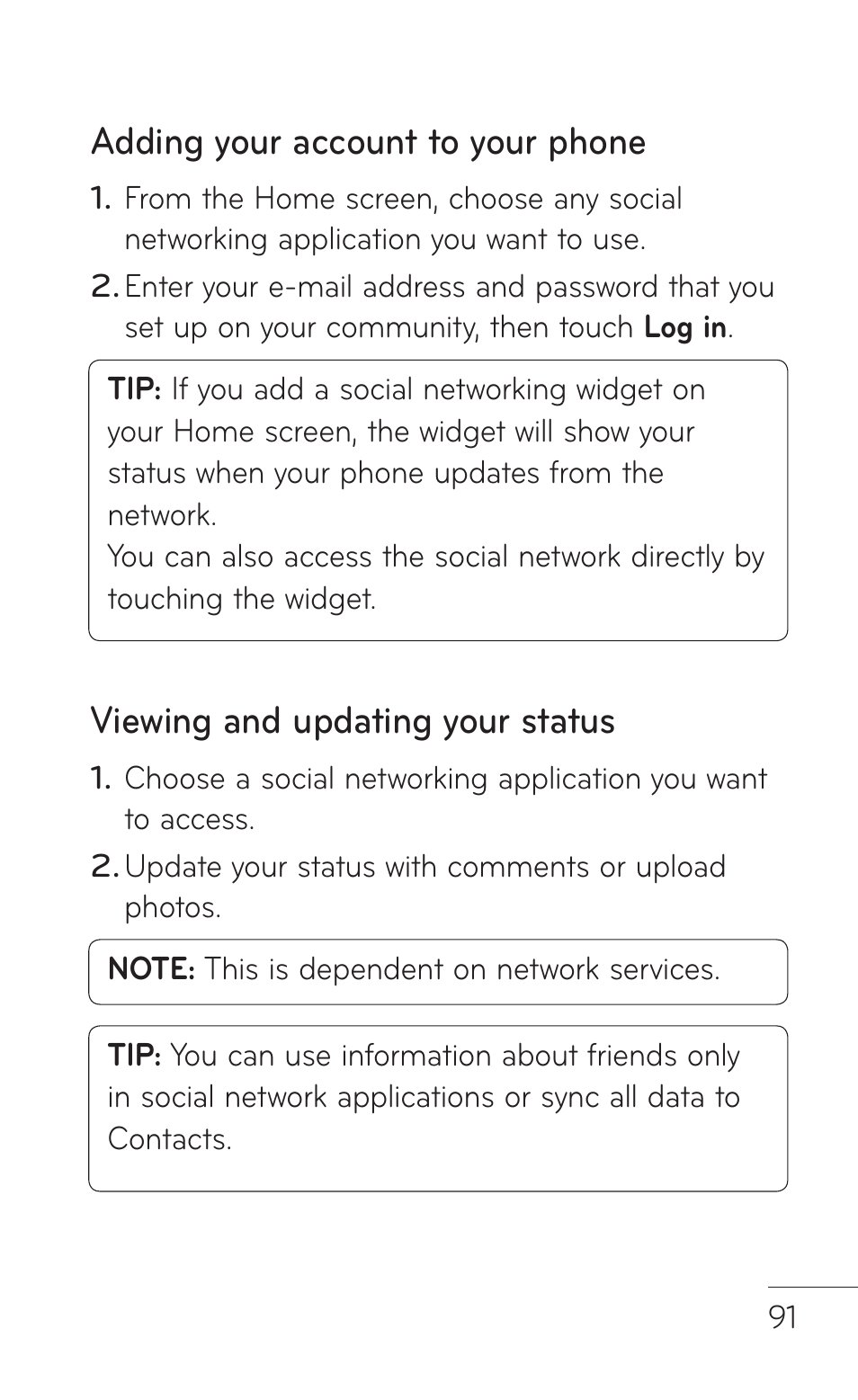 Adding your account to your phone, Viewing and updating your status | LG -P509 User Manual | Page 91 / 192