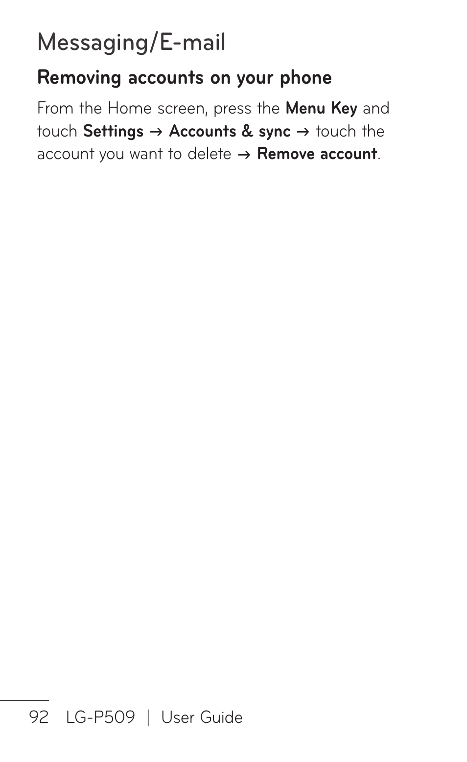 Removing accounts on your phone, Messaging/e-mail | LG -P509 User Manual | Page 92 / 192