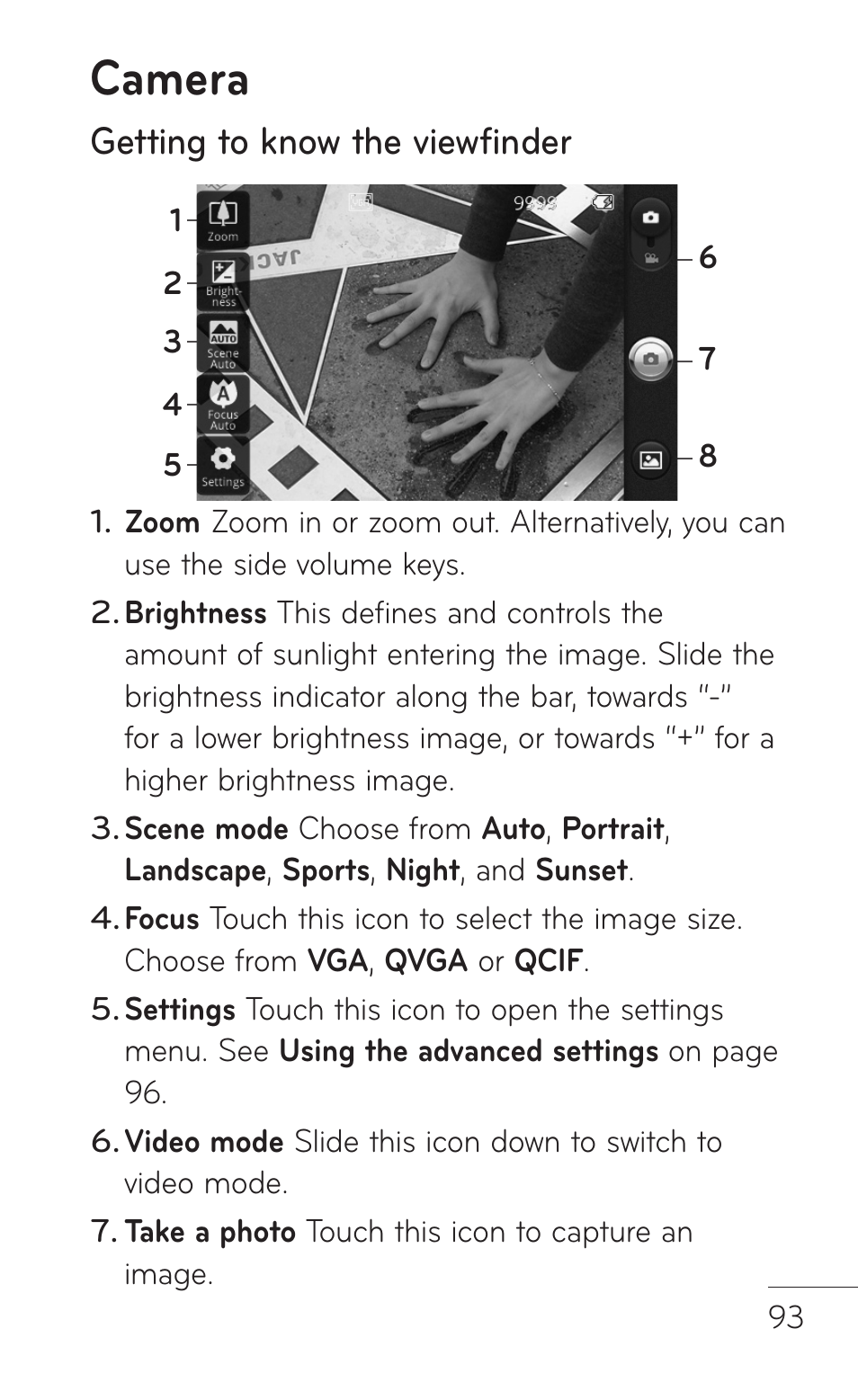 Camera, Getting to know the viewfinder | LG -P509 User Manual | Page 93 / 192