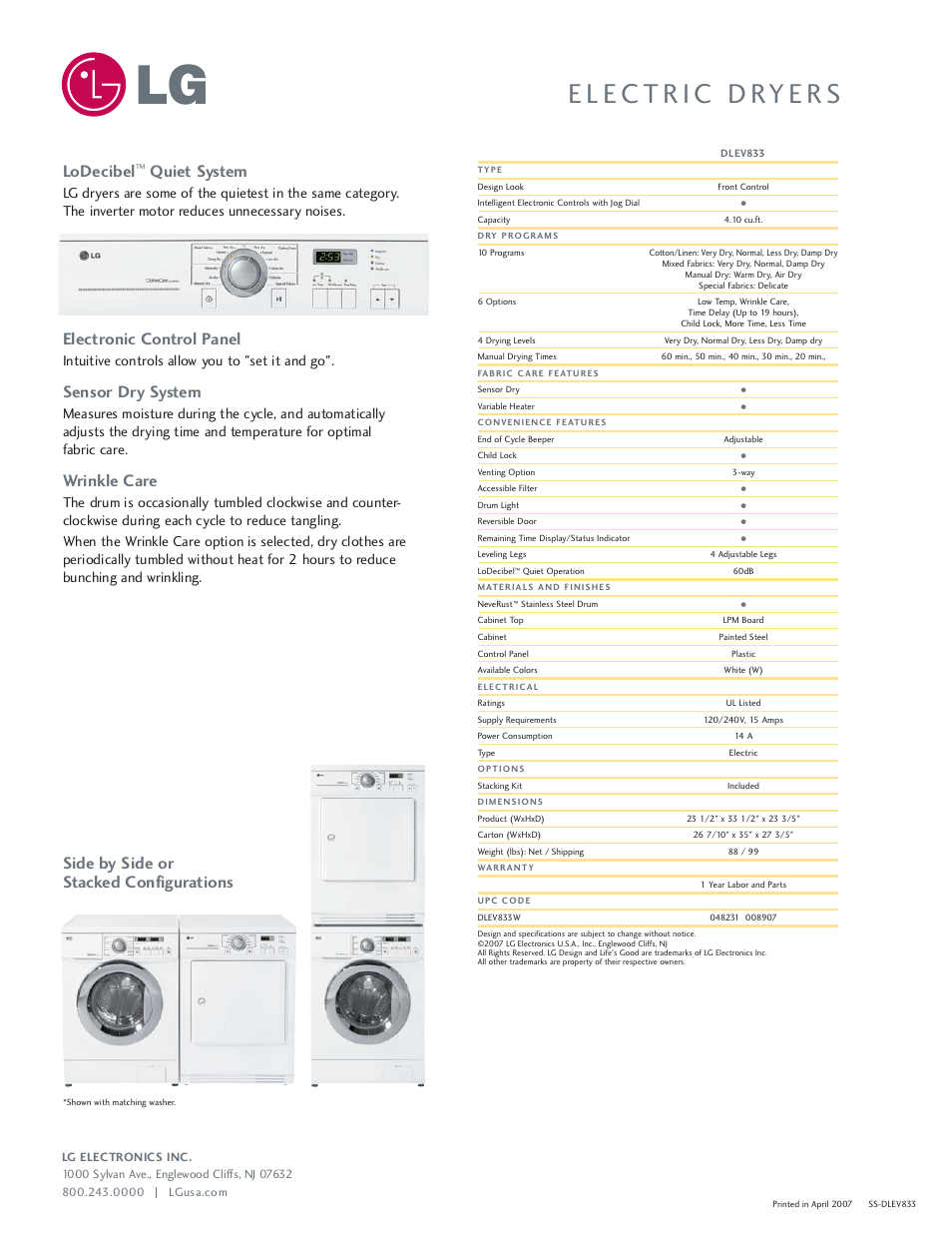 Lodecibel, Quiet system, Electronic control panel | Sensor dry system, Wrinkle care, Side by side or stacked configurations, Intuitive controls allow you to "set it and go | LG DLEV833 User Manual | Page 2 / 2