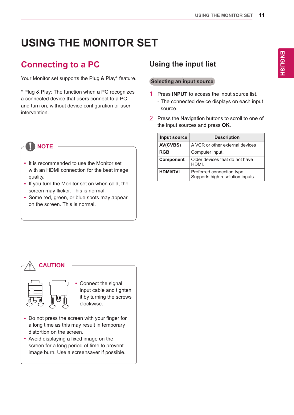 Using the monitor set, Connecting to a pc, Using the input list | LG 65VS10 User Manual | Page 11 / 61