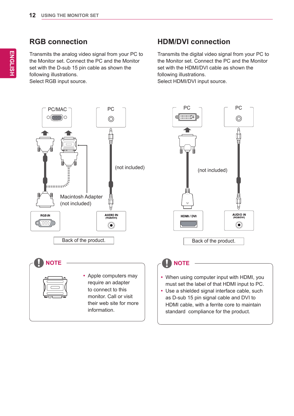 Rgb connection, Hdm/dvi connection | LG 65VS10 User Manual | Page 12 / 61