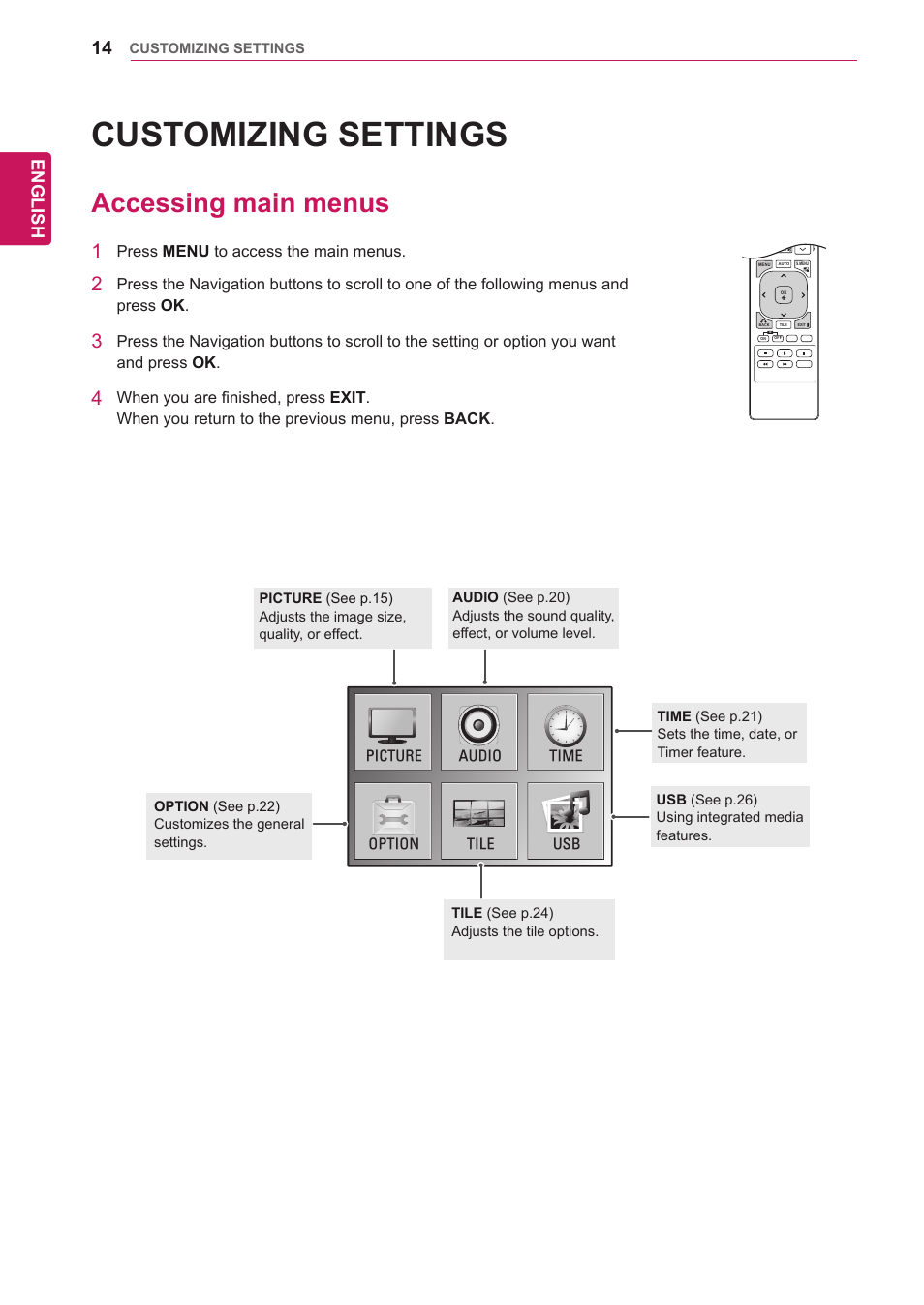 Customizing settings, Accessing main menus, 14 accessing main menus | English | LG 65VS10 User Manual | Page 14 / 61