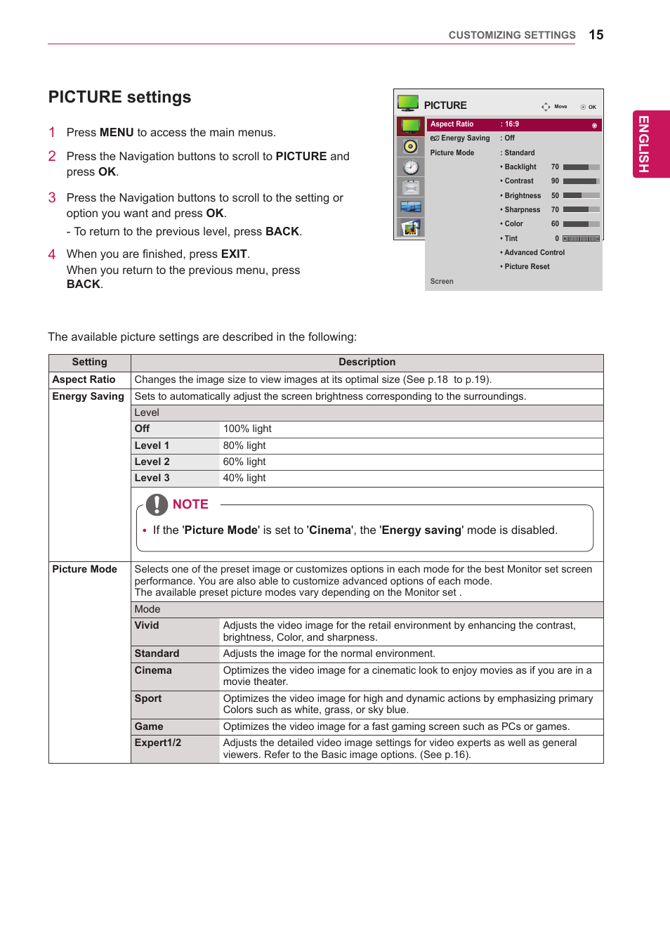 Picture settings, See p.15), English | LG 65VS10 User Manual | Page 15 / 61