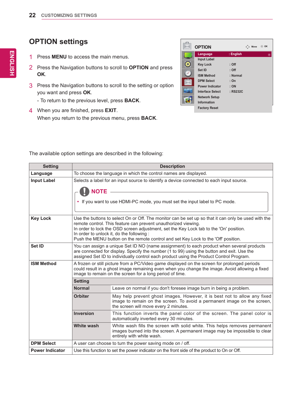 Option settings, See p.22), English | LG 65VS10 User Manual | Page 22 / 61
