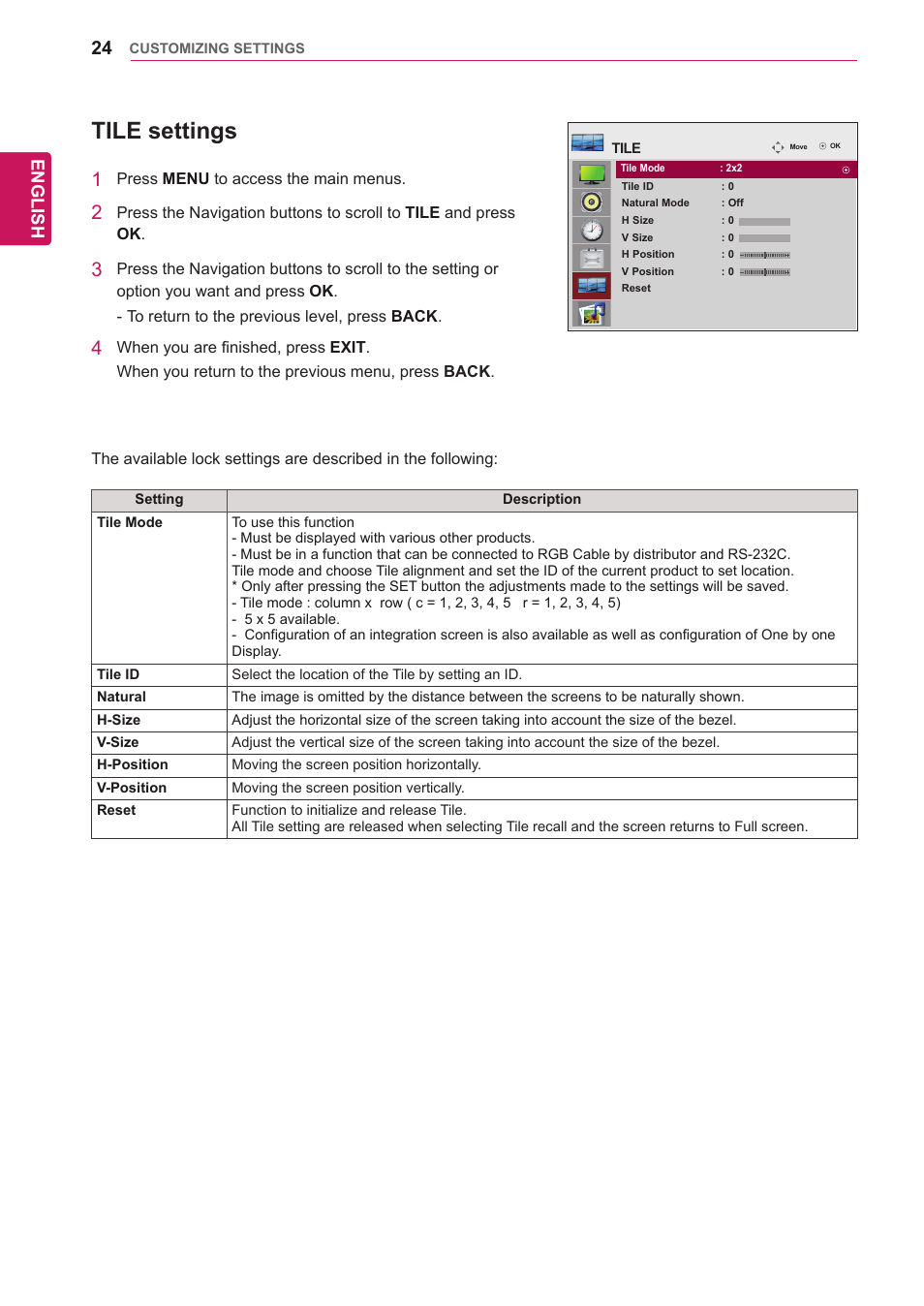 Tile settings, See p.24), English | LG 65VS10 User Manual | Page 24 / 61