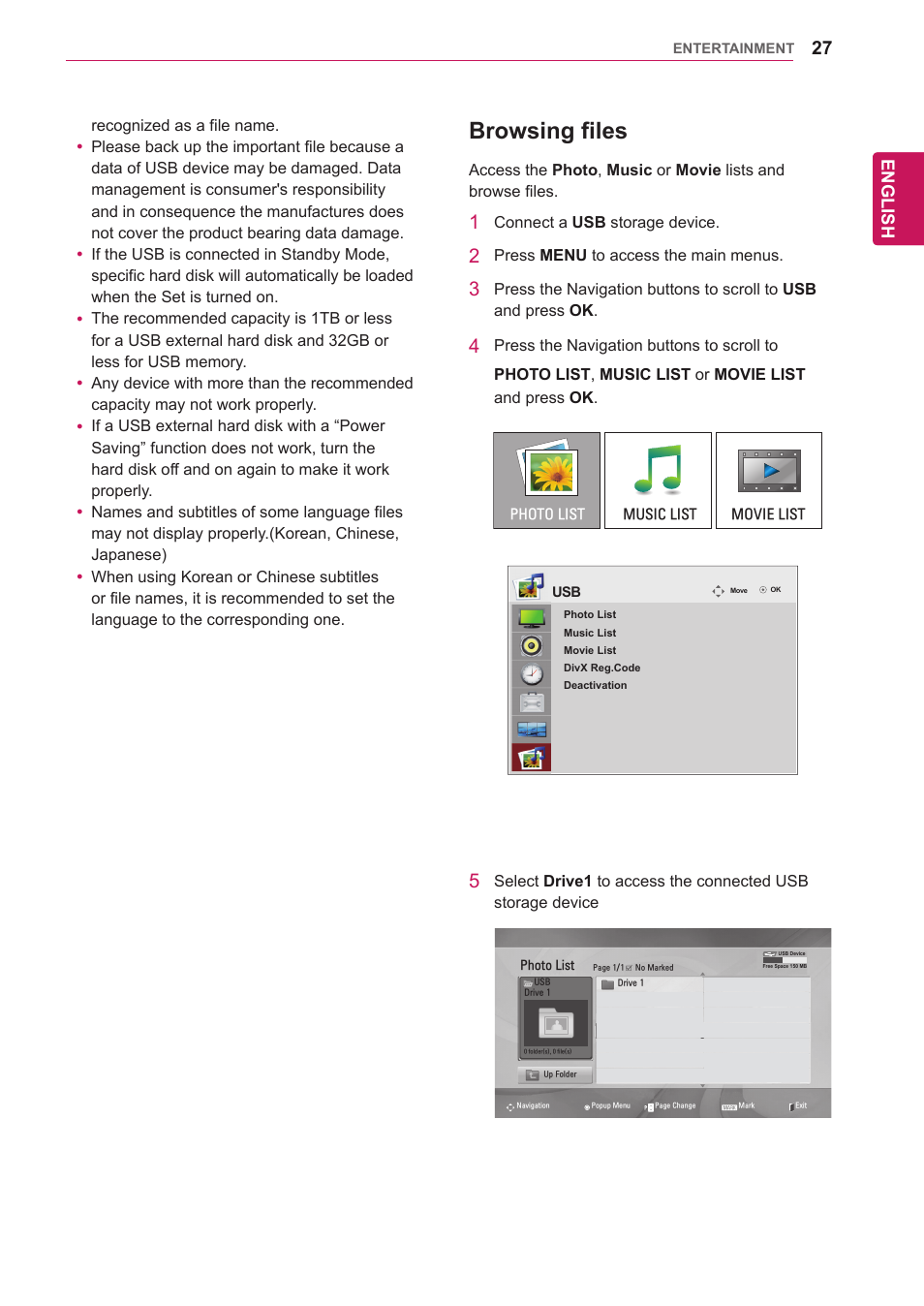 Browsing files | LG 65VS10 User Manual | Page 27 / 61