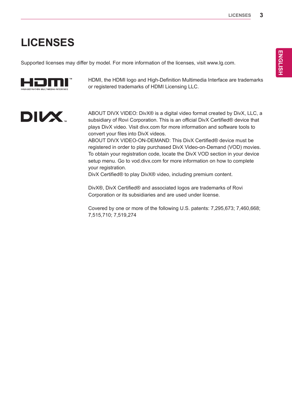 Licenses | LG 65VS10 User Manual | Page 3 / 61