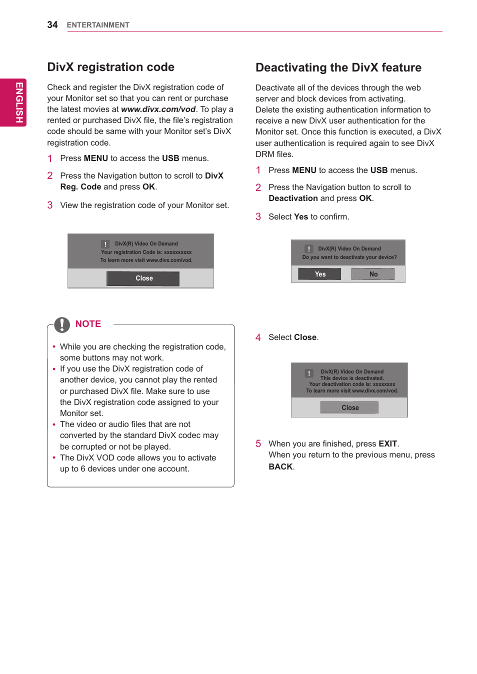 Divx registration code, Deactivating the divx feature | LG 65VS10 User Manual | Page 34 / 61