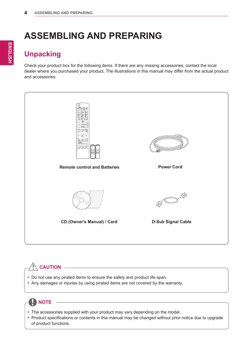 Assembling and preparing, Unpacking, Assembling and | Preparing, English | LG 65VS10 User Manual | Page 4 / 61