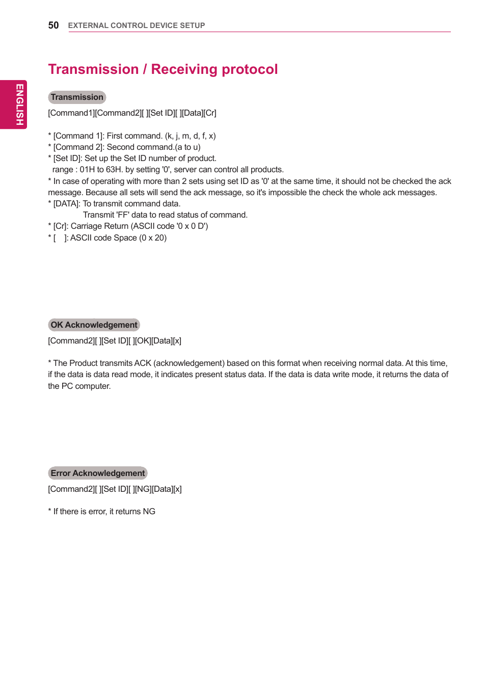 Transmission / receiving protocol, 50 transmission / receiving protocol | LG 65VS10 User Manual | Page 50 / 61