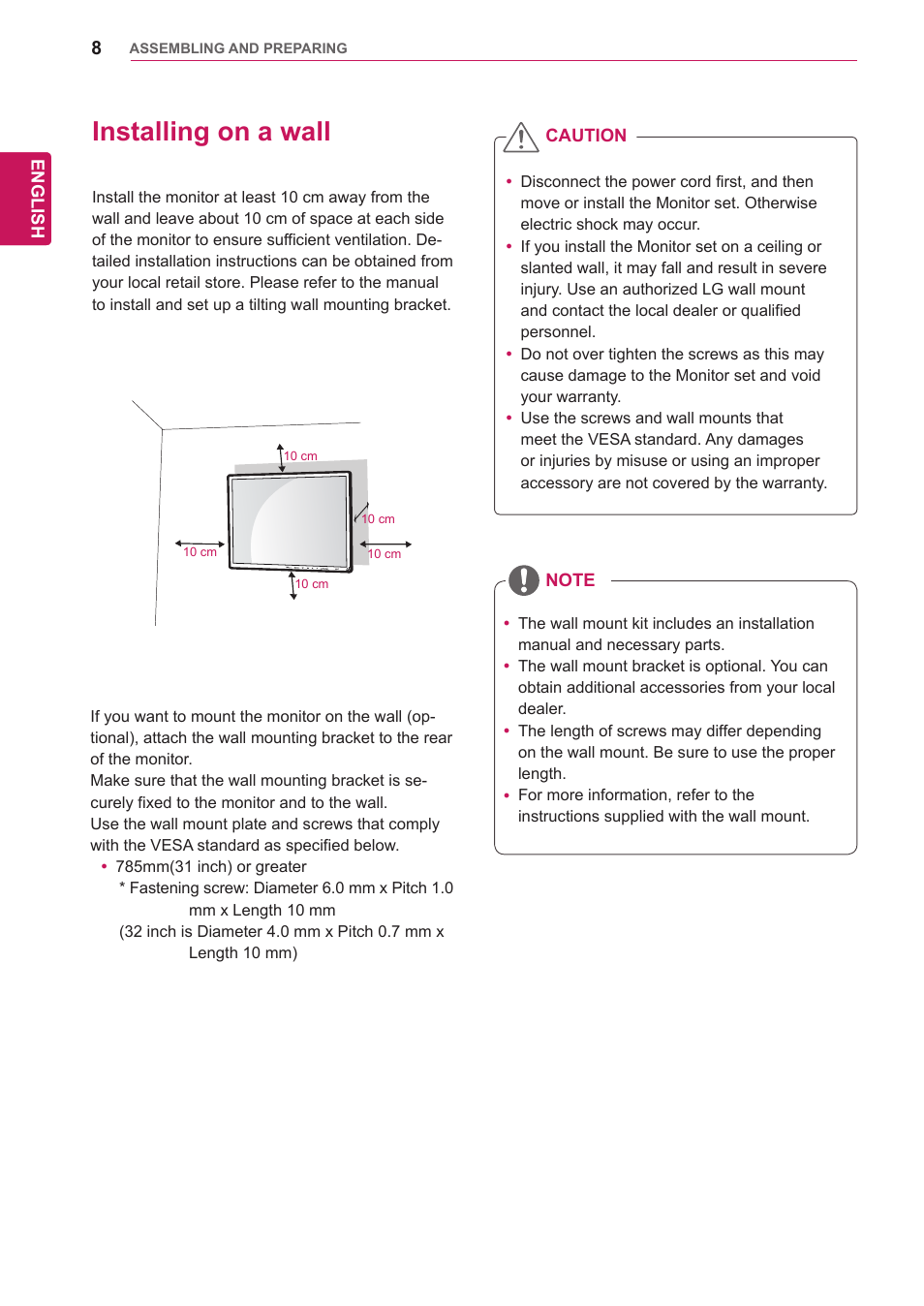 Installing on a wall | LG 65VS10 User Manual | Page 8 / 61