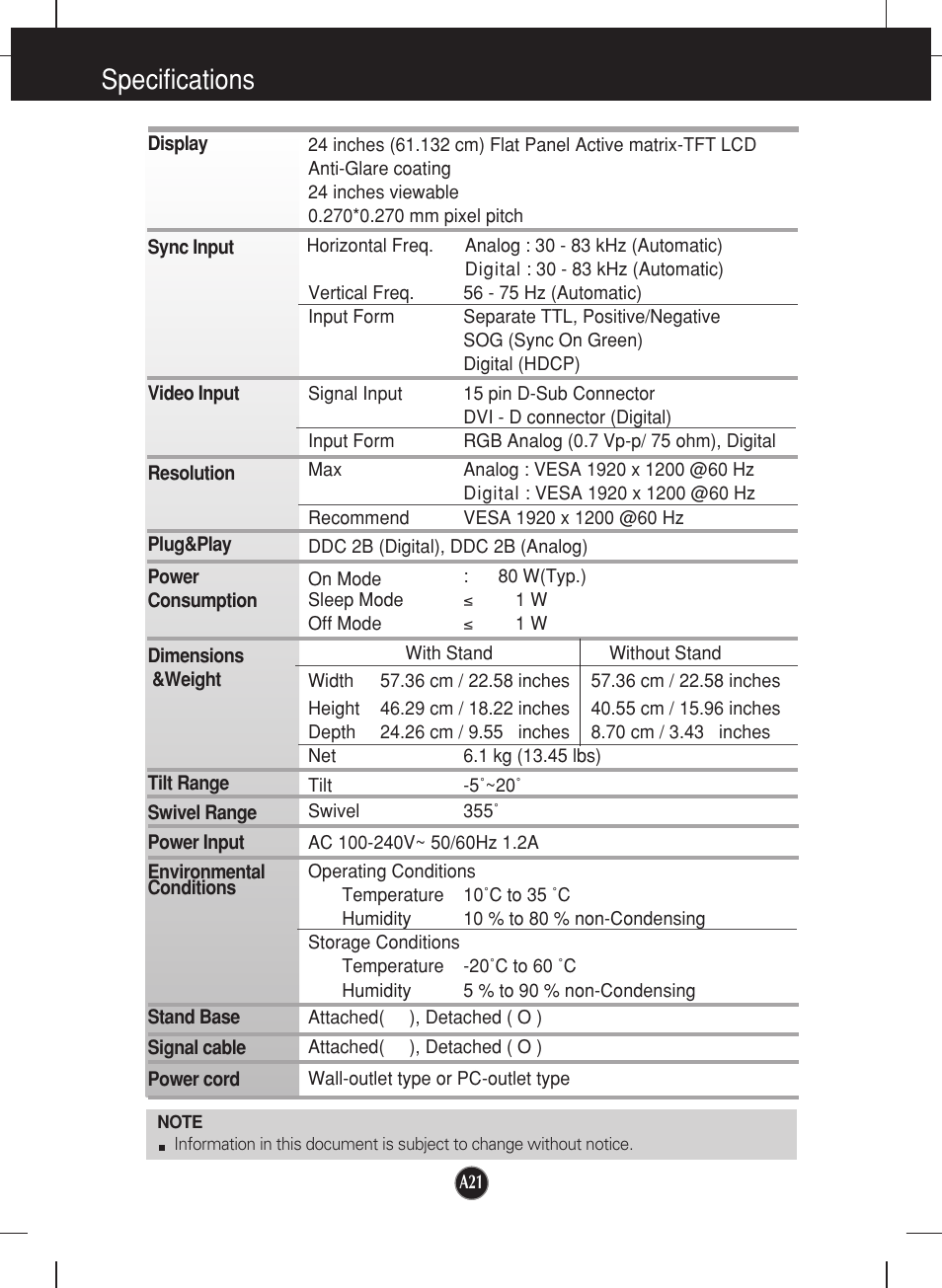 Specifications | LG W2452T User Manual | Page 22 / 24
