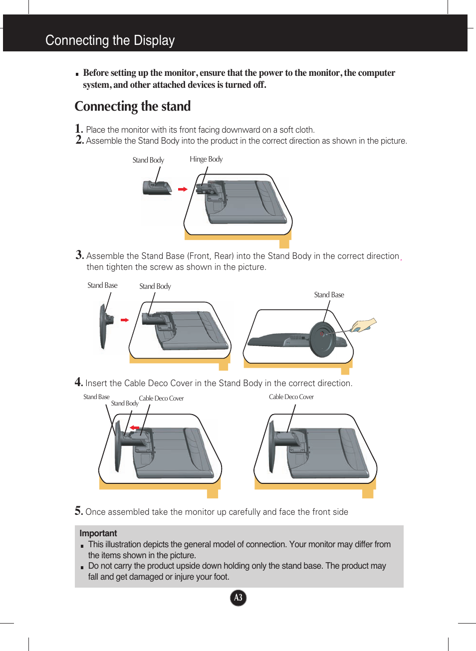 Connecting the display, Connecting the stand | LG W2452T User Manual | Page 4 / 24
