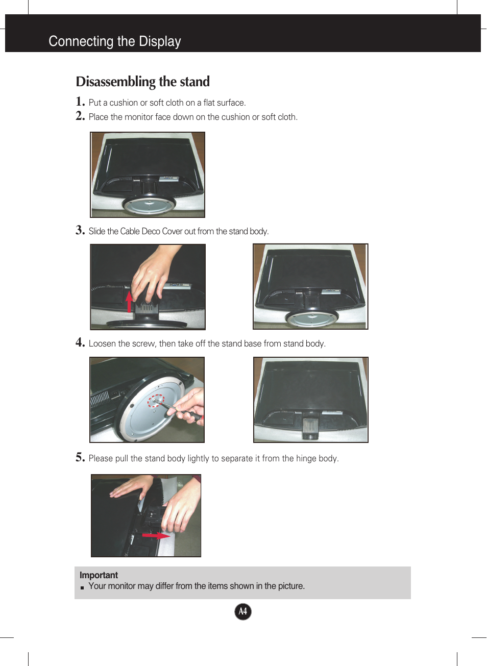 Disassembling the stand, Connecting the display disassembling the stand | LG W2452T User Manual | Page 5 / 24