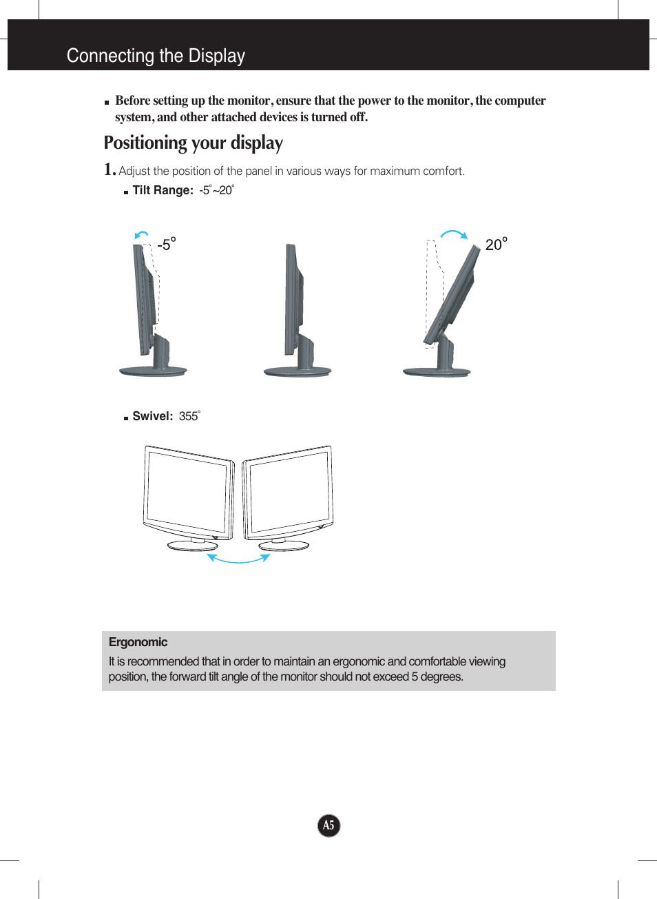 Positioning your display, Connecting the display | LG W2452T User Manual | Page 6 / 24