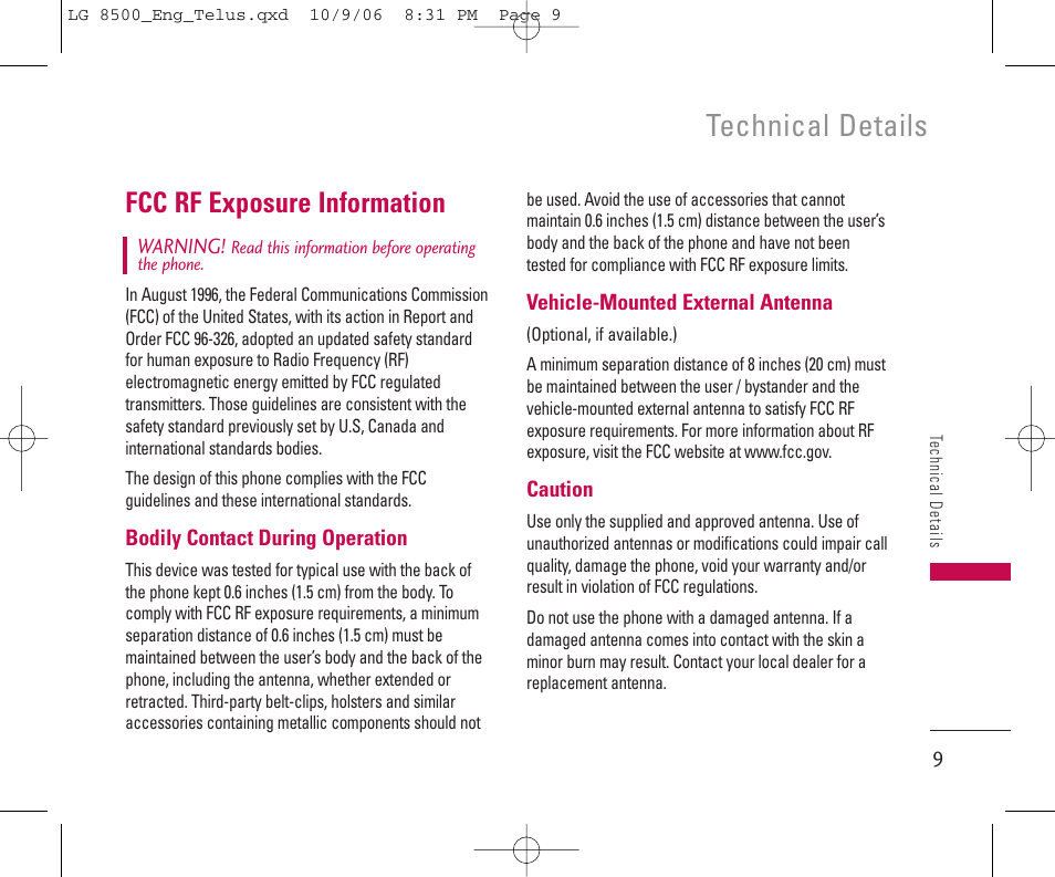 Technical details, Fcc rf exposure information | LG 8500 User Manual | Page 10 / 81