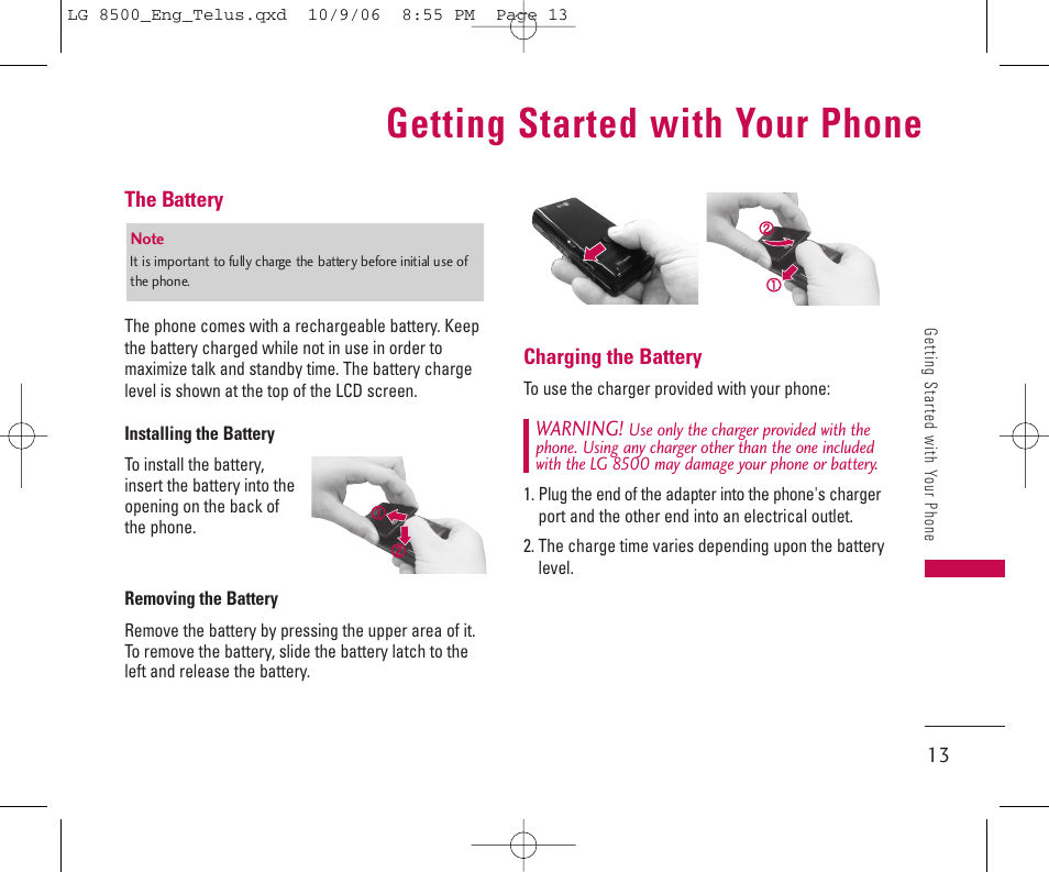 Getting started with your phone | LG 8500 User Manual | Page 14 / 81