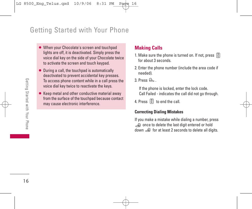 Getting started with your phone | LG 8500 User Manual | Page 17 / 81