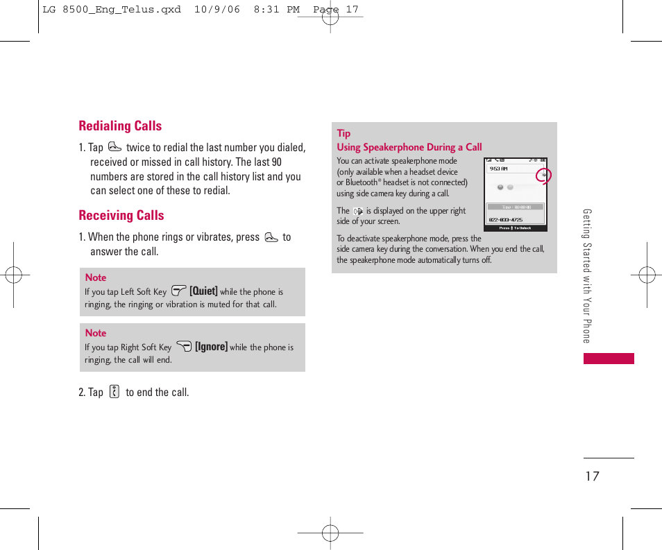 Redialing calls, Receiving calls | LG 8500 User Manual | Page 18 / 81