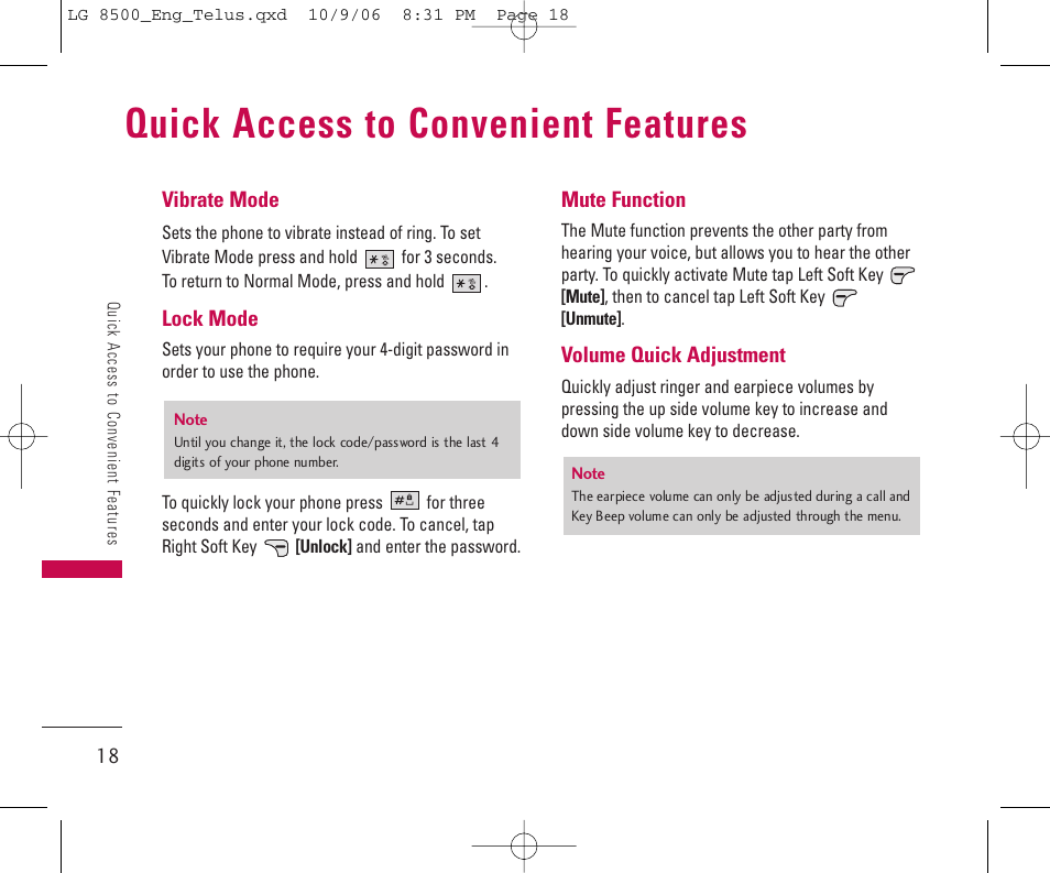 Quick access to convenient features | LG 8500 User Manual | Page 19 / 81