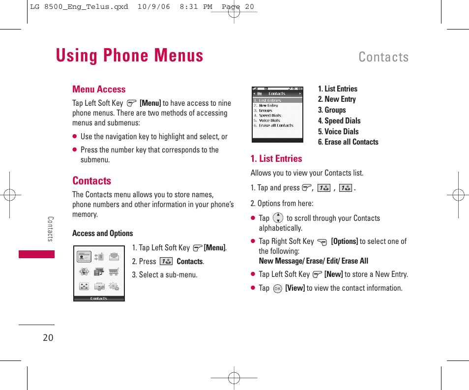 Using phone menus, Contacts | LG 8500 User Manual | Page 21 / 81