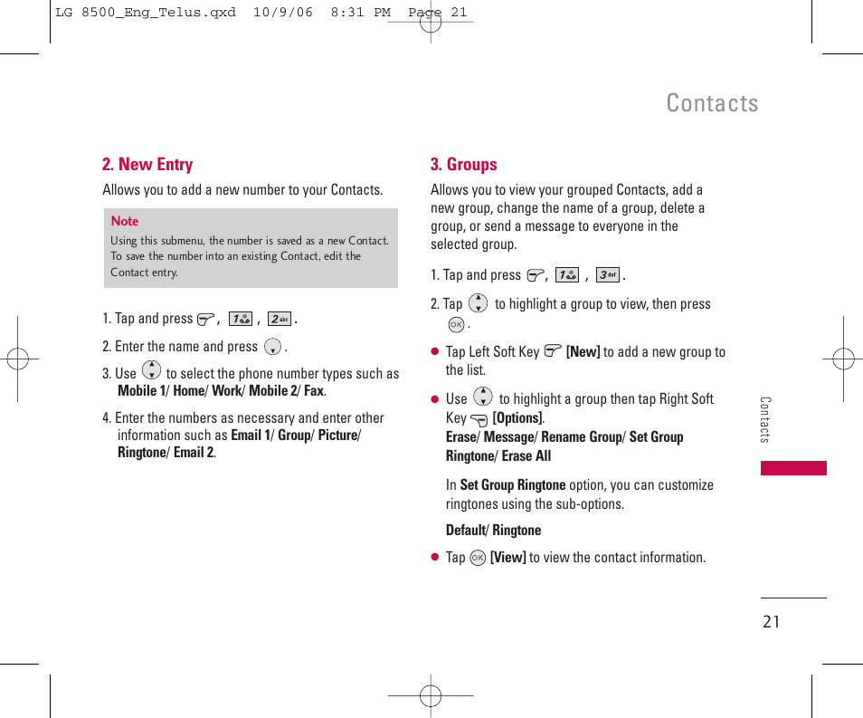 Contacts | LG 8500 User Manual | Page 22 / 81